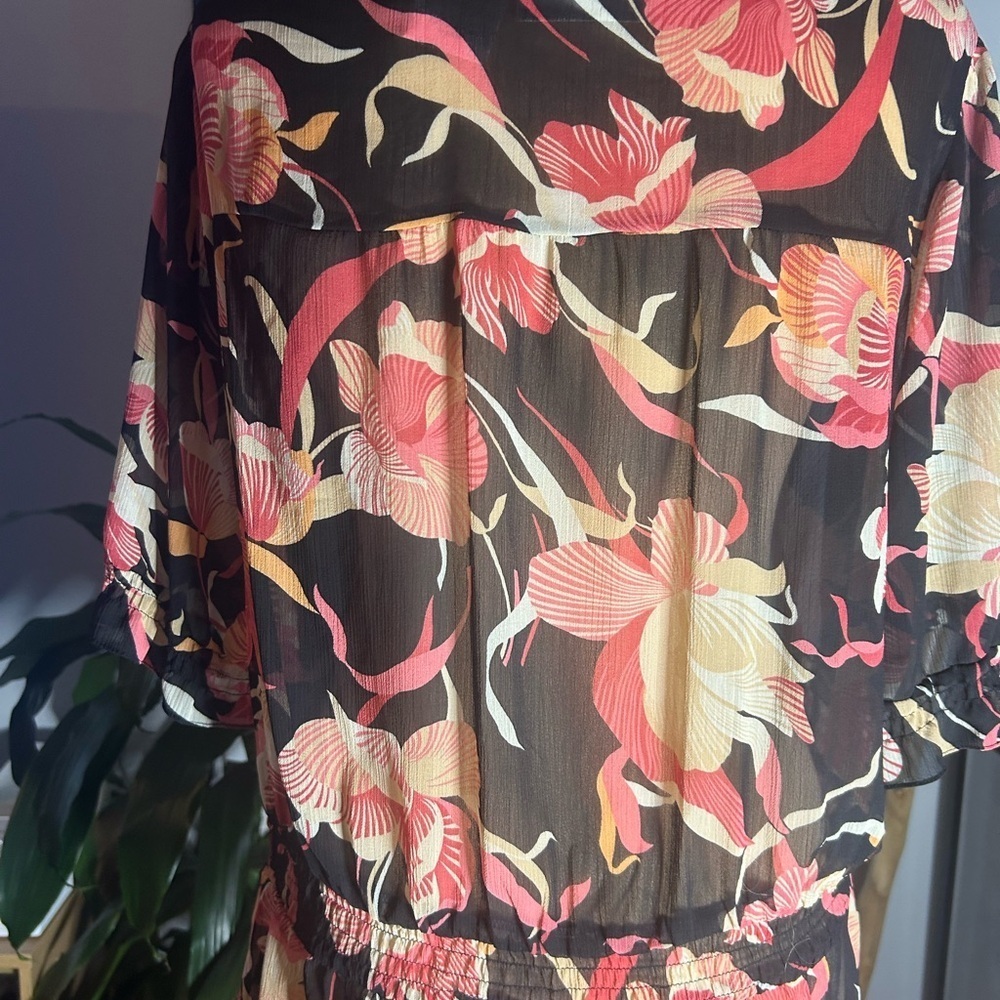 Worthington sz12 women’s sheer floral blouse ruffle sleeves fit flare waistline - Picture 4 of 9